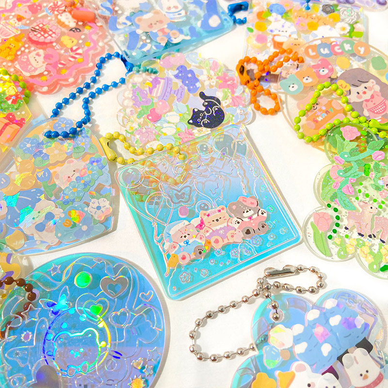 diy咕卡小圆盘手账贴纸闪粉渐变亚克力拼贴钥匙扣挂件咕盘卡贴画