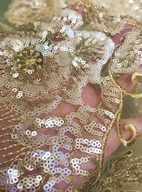 豪华亮片刺绣金色蕾丝布料连衣裙服装布料 唯美婚纱材料面料