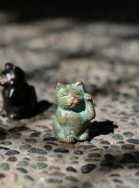 日本 江戸時代伝統技術手作の青銅製 置物摆件摆饰可愛铜像招福猫