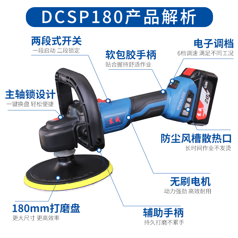 东成充电式抛光机20V锂电动汽车打蜡打磨机可调速DCSP180东城工具 - 图0