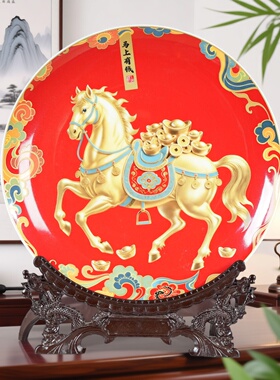 景德镇骨瓷中式红马上有钱摆盘