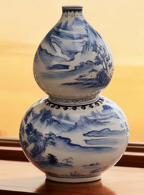 景德镇陶瓷器书房青花山水大葫芦