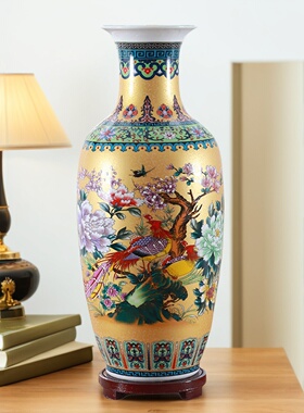 景德镇陶瓷器珐琅彩花鸟冬瓜花瓶