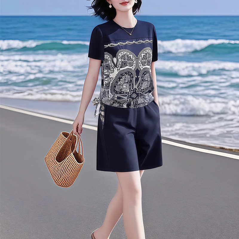 素韵订制女装原创品牌高级感轻奢印花上衣短袖好看五分短裤两件套,淘宝优惠券,粉丝福利购,淘宝优惠卷