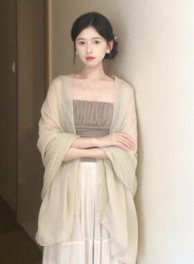 夏季蕾丝防晒棉麻丝巾披肩外搭裙子旗袍薄围巾女海边旅游拍照穿搭
