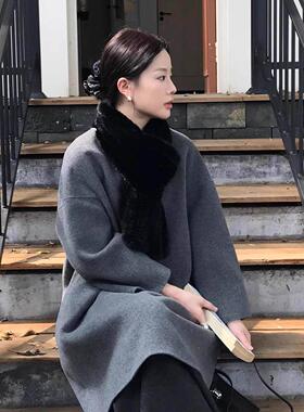 新中式黑色毛领围巾女冬季高级氛围感气质保暖防寒配大衣围脖脖套