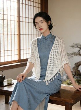 中国风旗袍披肩女旅游拍照外搭礼服裙子汉服针织三角开衫日常穿搭