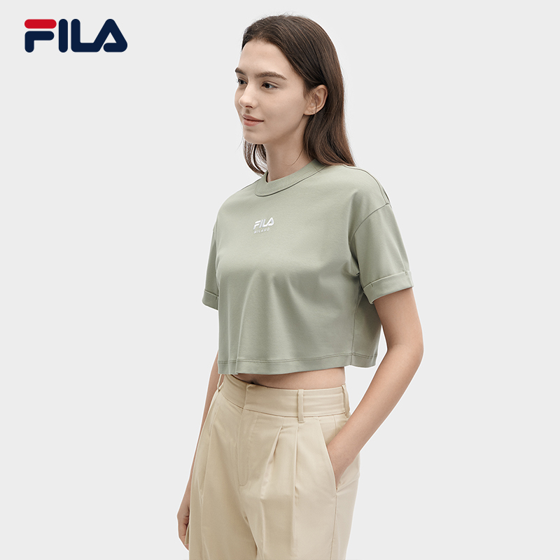 FILA 斐乐官方女子针织短袖衫2024夏新款时尚休闲简约宽松纯棉T恤 - 图1