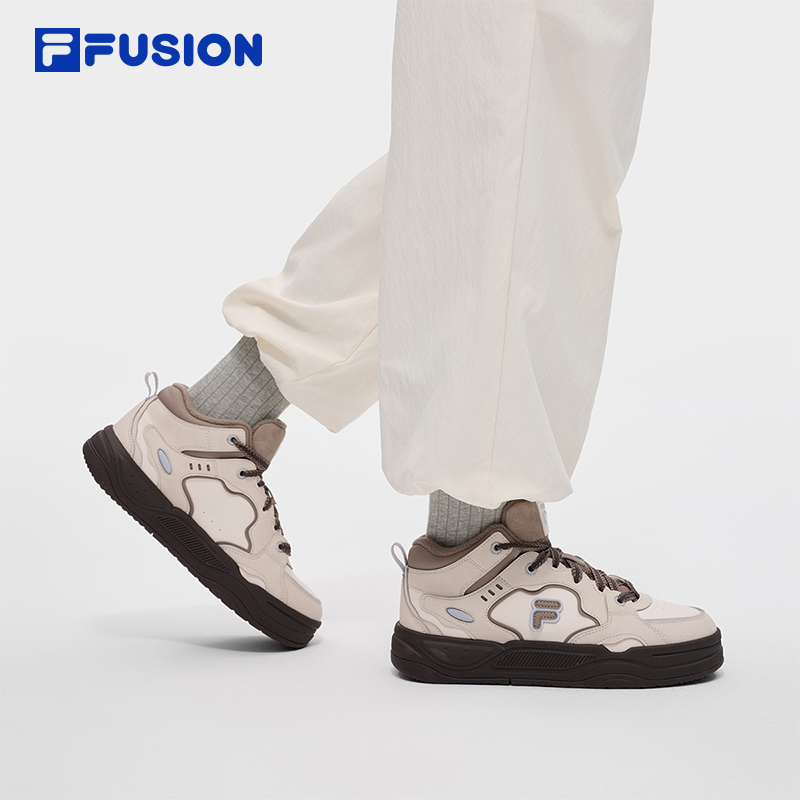 FILA FUSION斐乐潮牌BANK2高帮加绒板鞋2025冬季新款女鞋保暖鞋子 - 图0