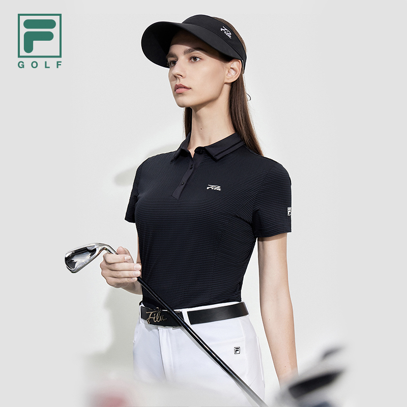 FILA 斐乐官方女子针织短袖POLO衫2023夏新高尔夫运动泡泡布上衣 - 图0