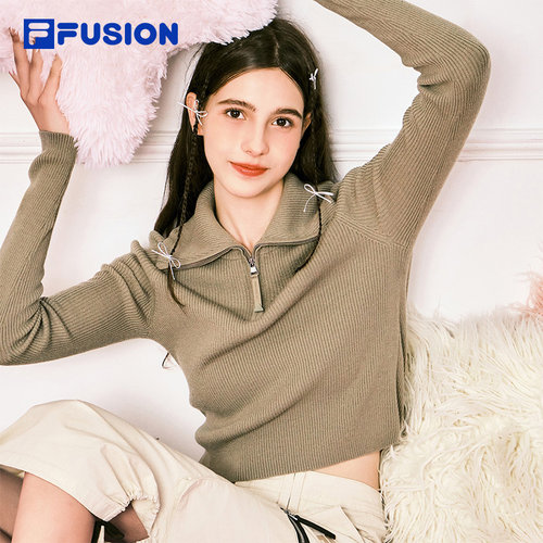 FILA FUSION斐乐潮牌女子编织衫2024冬款时尚修身半拉链高领毛衣 - 图0