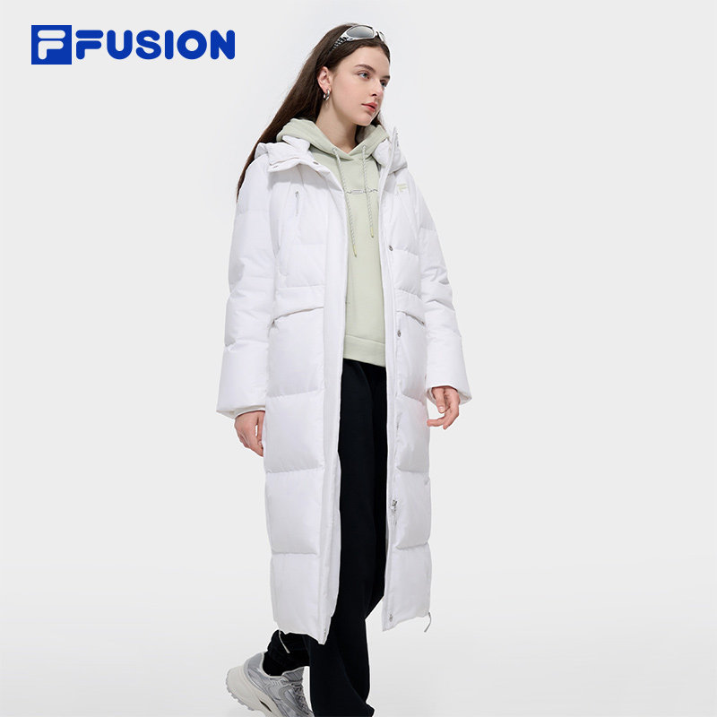 FILA FUSION斐乐潮牌长款羽绒服女2024冬季新款宽松保暖连帽外套