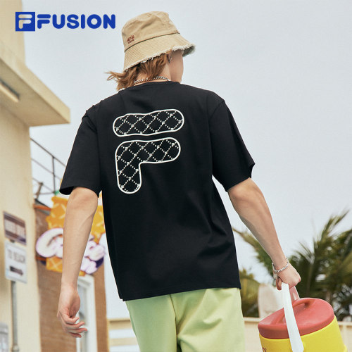 FILA FUSION斐乐潮牌短袖T恤情侣款夏 时尚宽松针织短袖衫 - 图0