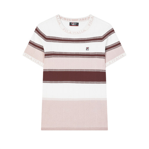 FILA 斐乐官方女子编织衫2024秋季新款时尚休闲撞色条纹短袖上衣 - 图3