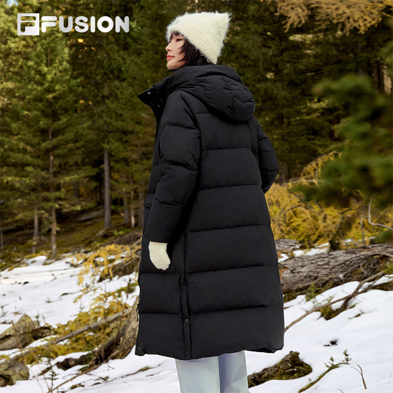 FILA FUSION斐乐潮牌长款羽绒服女2024冬季新款宽松保暖连帽外套