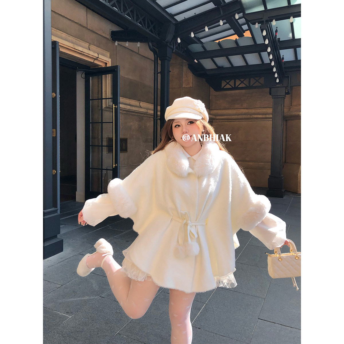 安妮不火 富家千金毛领拼接貂毛毛织斗篷女微胖大码腰部绑带外套,淘宝优惠券,粉丝福利购,淘宝优惠卷