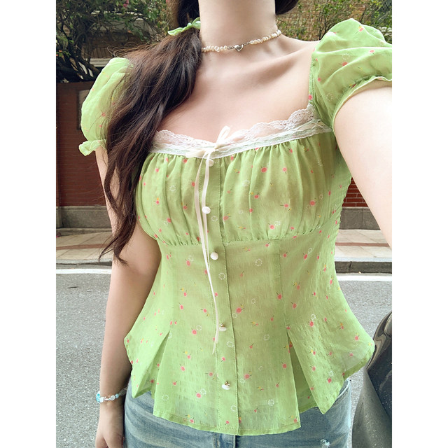 Annie's Not Hot Floral Lace Square Collar Bubble Wrinkle Chiffon Shirt Women's Fat Plus Size Vacation Waist Small Shirt
