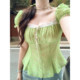Annie's Not Hot Floral Lace Square Collar Bubble Wrinkle Chiffon Shirt Women's Fat Plus Size Vacation Waist Small Shirt