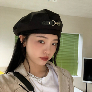 丁走走金属扣黑色贝雷帽
