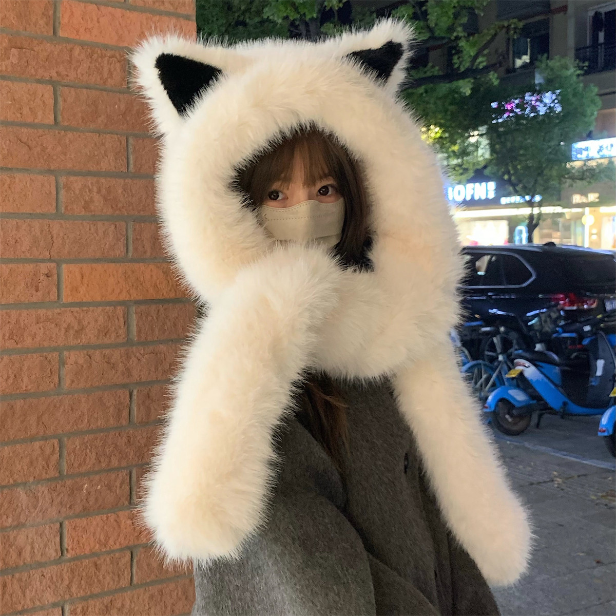 丁走走加厚毛绒狐狸耳朵帽子围巾一体冬季东北防寒保暖雷锋帽护耳