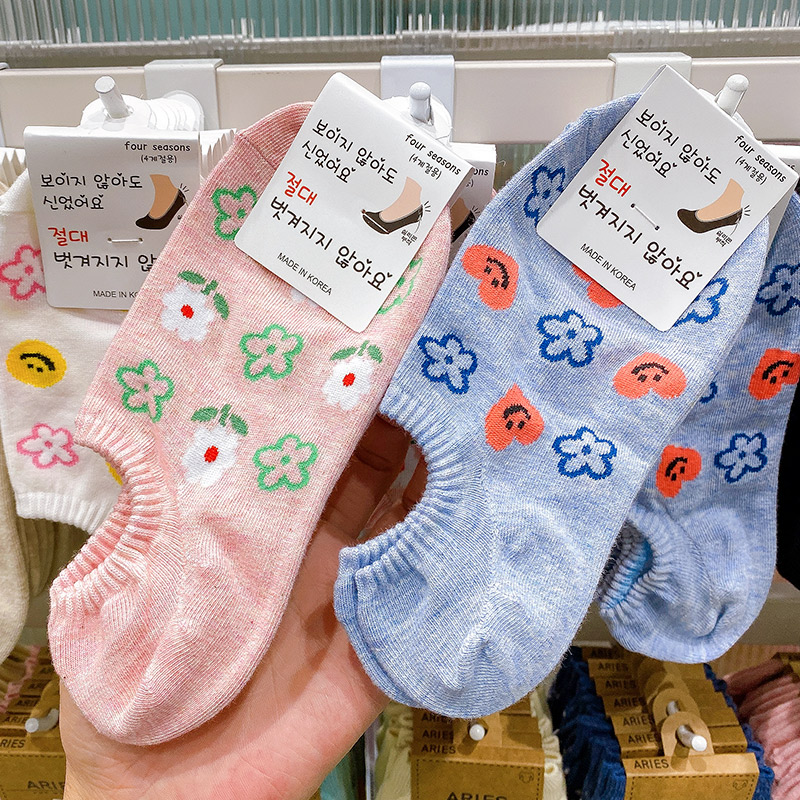 韩国东大门可爱小动物小熊卡通船袜夏季隐形田园风花纹防滑女袜薄-图0