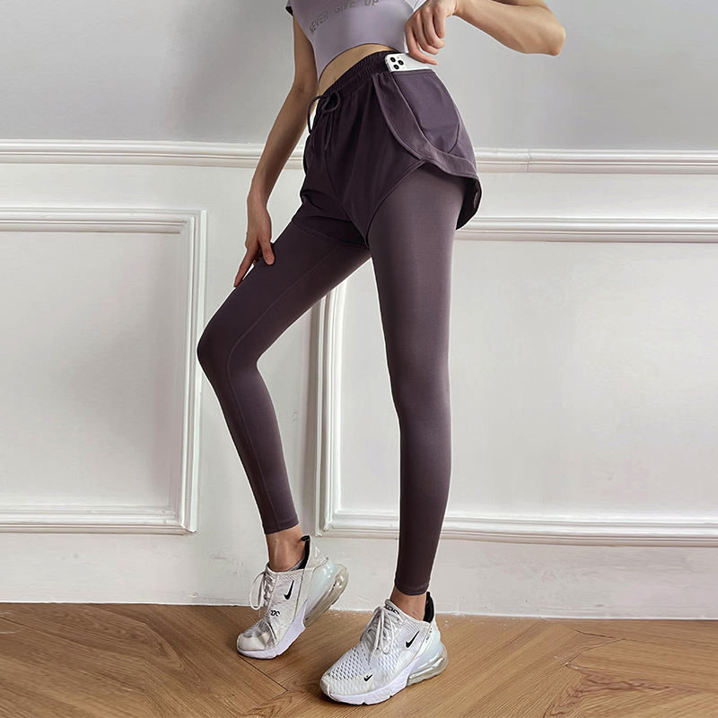 健身裤女假两件夏季薄款专业紧身高腰速干外穿运动晨跑步瑜伽长裤-图0
