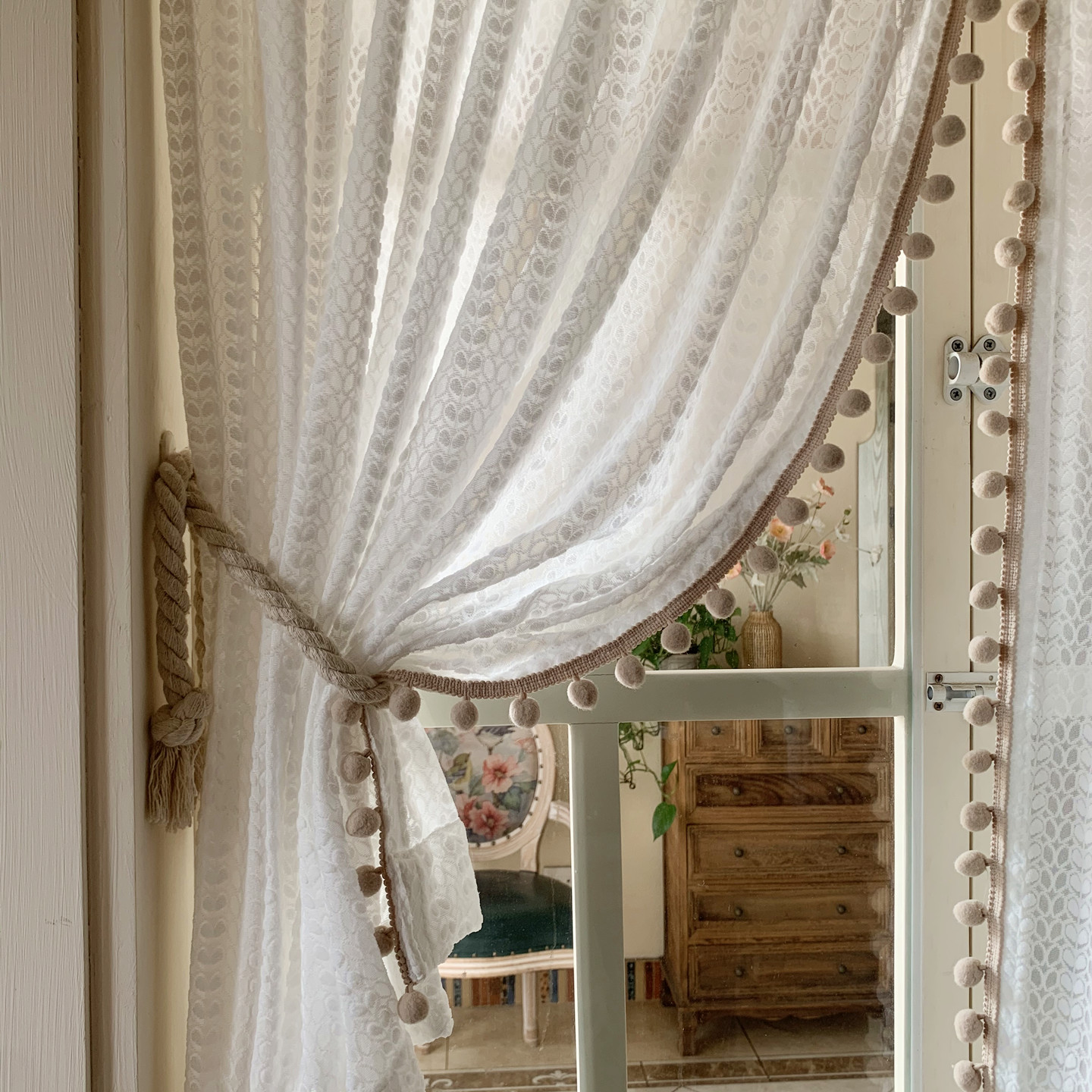 Buy one and get one free cream gauze curtain and get a strap