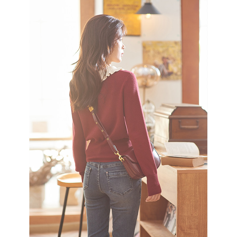 谜秀法式短款polo翻领内搭修身毛衣 谜秀毛衣