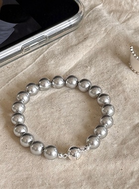 高级灰施家珍珠手链S925银磁吸扣