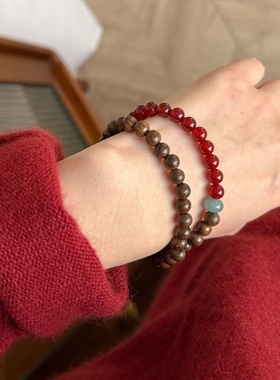 新中式天然红玛瑙檀木双层手链