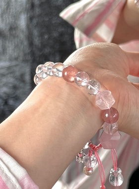 粉色系招桃花纯银编织抽拉式草莓晶粉晶手串转运珠百搭叠戴手链女