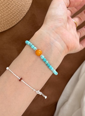 新中式复古绿松石天然蜜蜡隔片手串简约大气细款叠戴百搭高级手饰