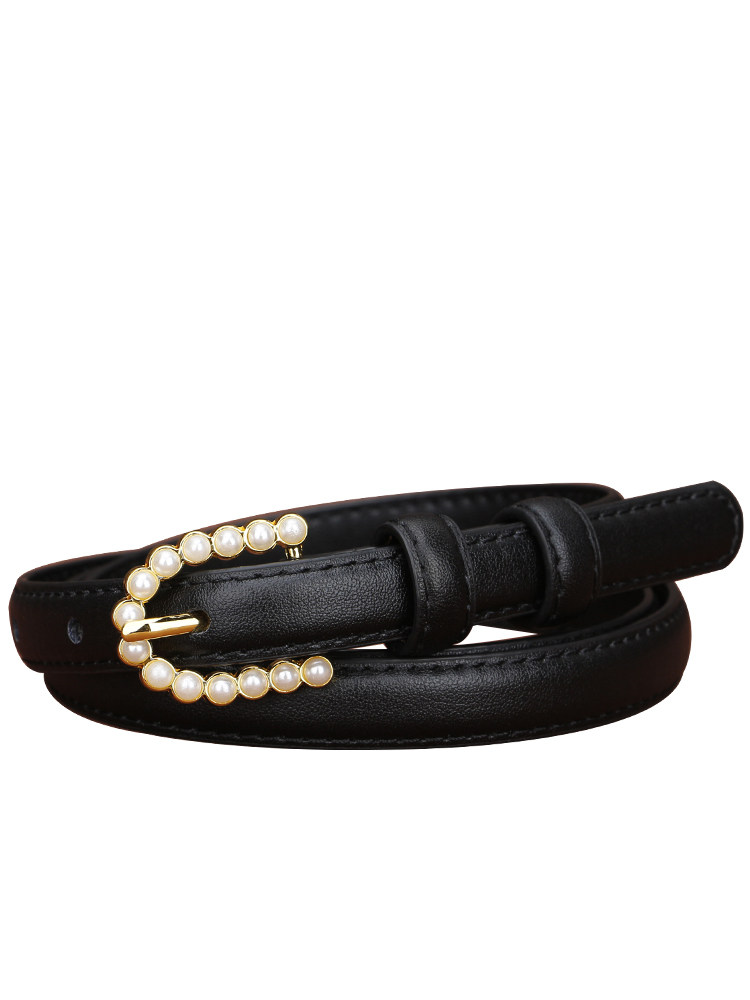 时尚珍珠扣真皮腰带女士针扣皮带百搭连衣裙子2023新款休闲风黑色,淘宝优惠券,粉丝福利购,淘宝优惠卷