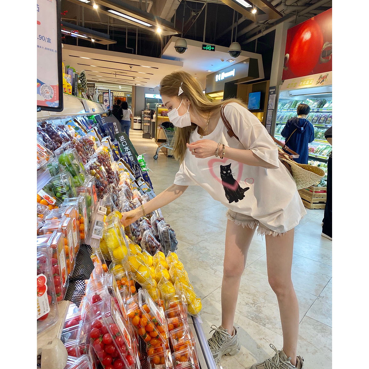THEOPENDM2022夏季新款百搭圆领短袖奶欲猫咪印花t恤上衣女宽松显