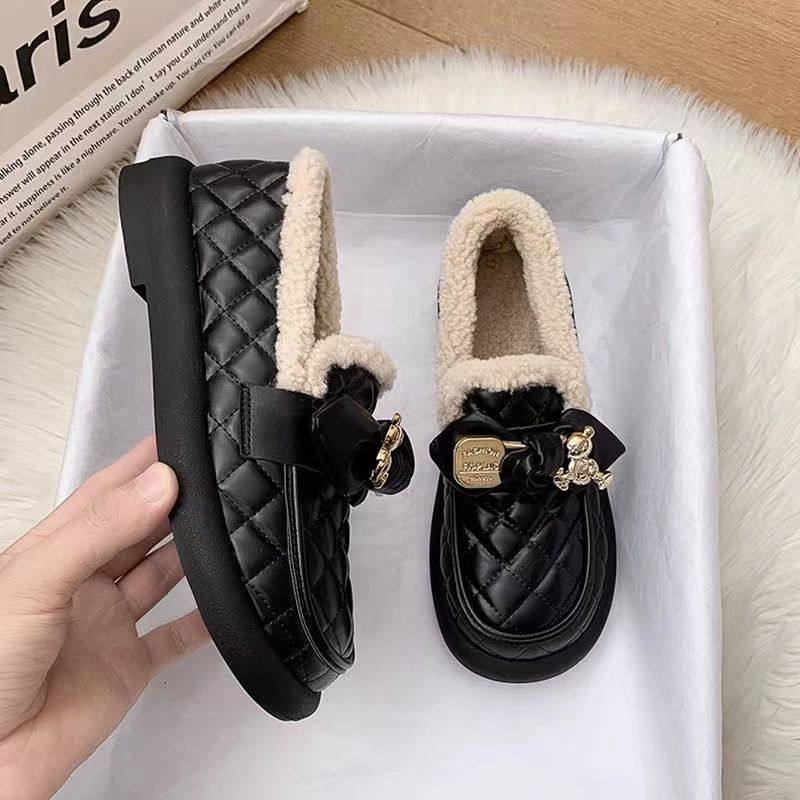 2025冬季新款豆豆鞋女加绒百搭保暖毛毛外穿时尚一脚蹬小熊豆豆鞋,淘宝优惠券,粉丝福利购,淘宝优惠卷