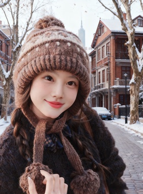 费尔岛风加厚毛线帽女秋冬保暖护耳针织帽显脸小冷帽帽子女士冬潮