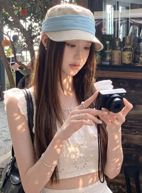 韩系淡蓝色褶皱仿麻马术帽2026新款夏季百搭度假帽子可调节鸭舌帽