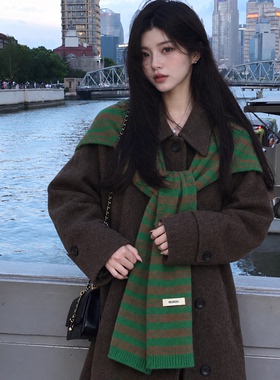 韩系氛围感100%纯羊毛围巾女条纹秋冬保暖披肩外搭办公室复古坎肩