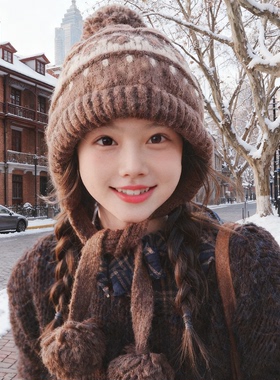 费尔岛风加厚毛线帽子女2025新款秋冬保暖护耳针织帽显脸小冷帽潮