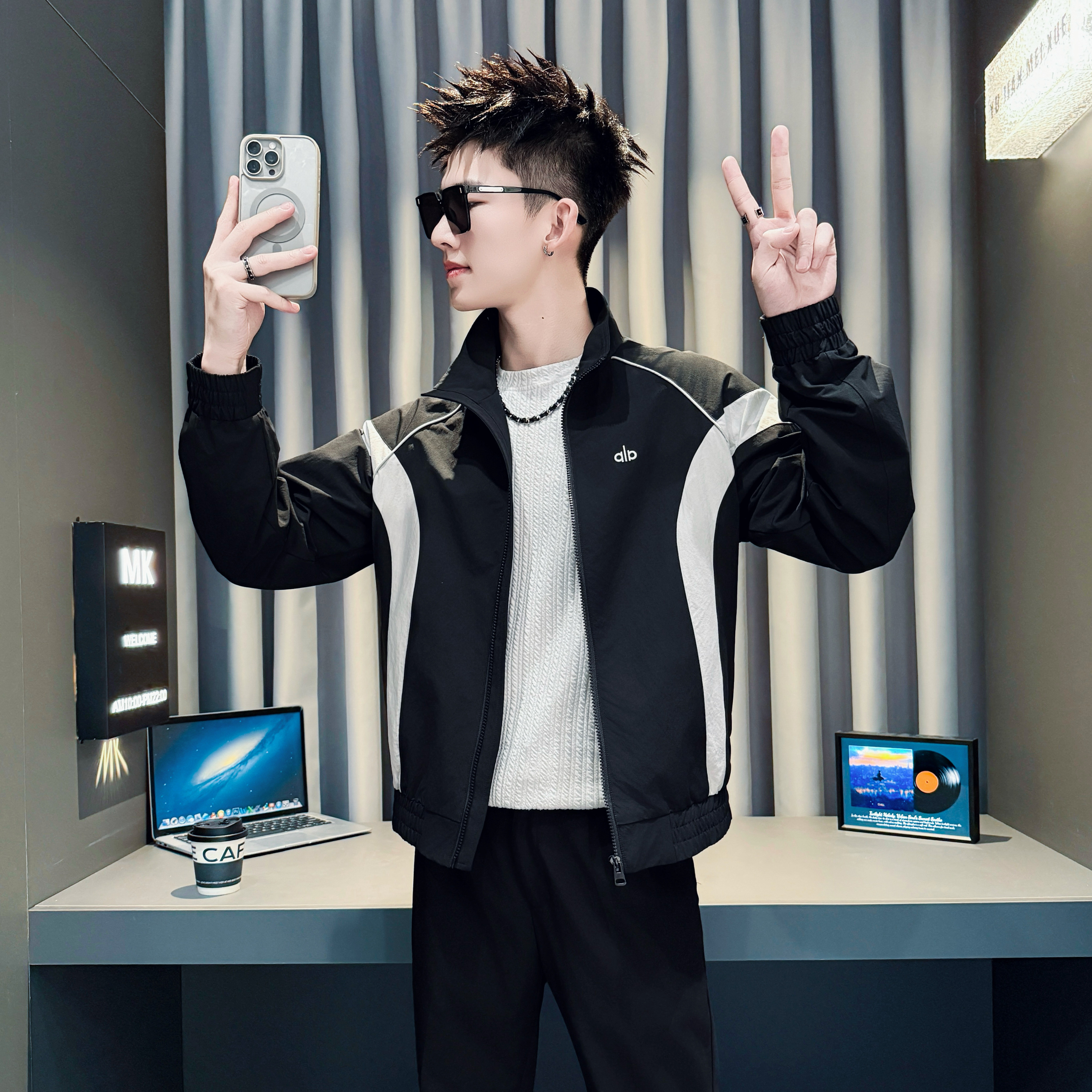 小码男装春秋季立领拉链夹克男矮个子XS码S号修身复古拼接外套160 - 图2