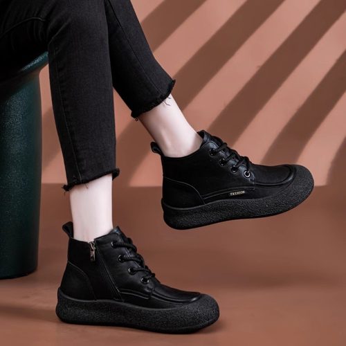 大码女鞋41到43软底不累脚短靴女冬季加绒平底真皮新款休闲靴子42 - 图0