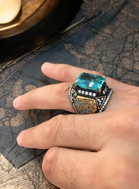 雕刻工艺可调节复古925银镶钻戒指男士方形蓝宝石时尚戒指礼盒装