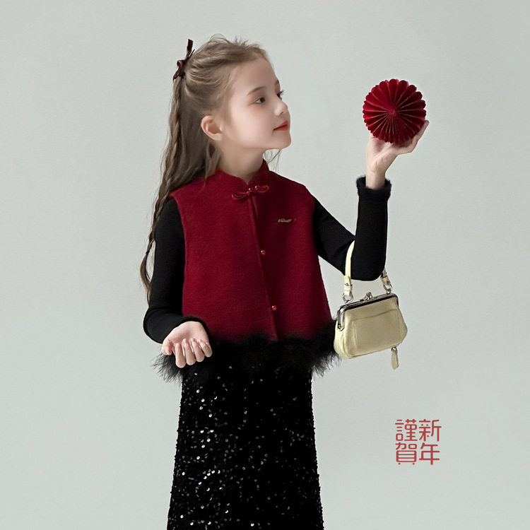 大女孩拜年服套裙25冬装国风女童夹棉马甲亮片半身裙新年战袍礼服,淘宝优惠券,粉丝福利购,淘宝优惠卷