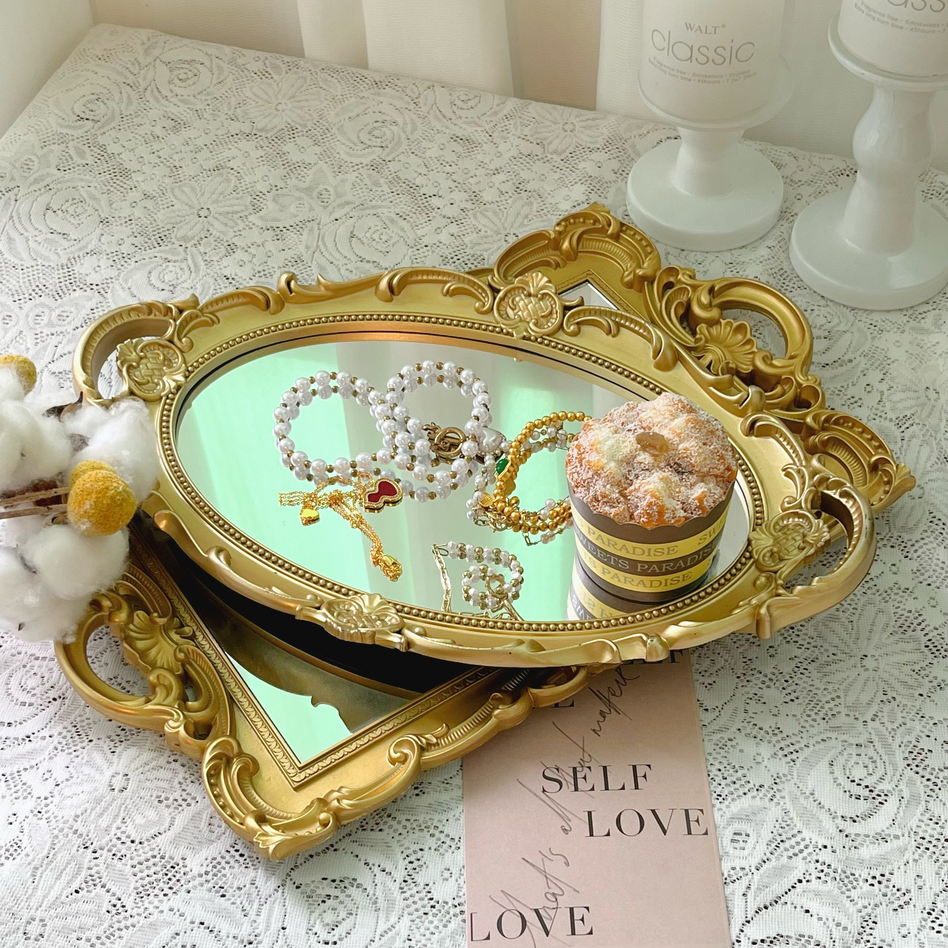 法式复古雕花镜面托盘 金银双色+方圆两形 轻奢首饰收纳盘,淘宝优惠券,粉丝福利购,淘宝优惠卷