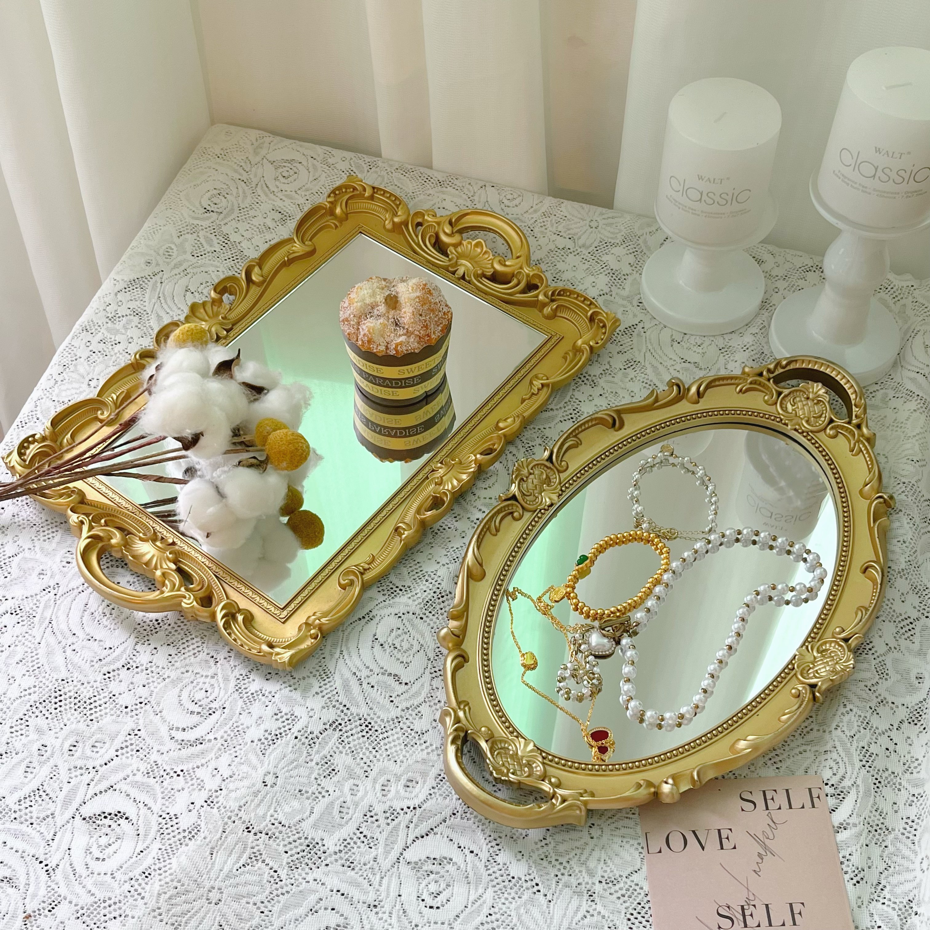法式复古雕花镜面托盘 金银双色+方圆两形 轻奢首饰收纳盘,淘宝优惠券,粉丝福利购,淘宝优惠卷