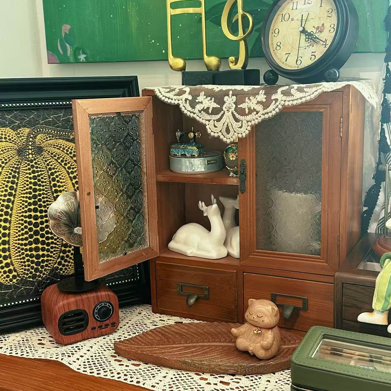 复古实木收纳柜 带玻璃门双抽屉储物柜  客厅卧室复古做旧置物柜,淘宝优惠券,粉丝福利购,淘宝优惠卷