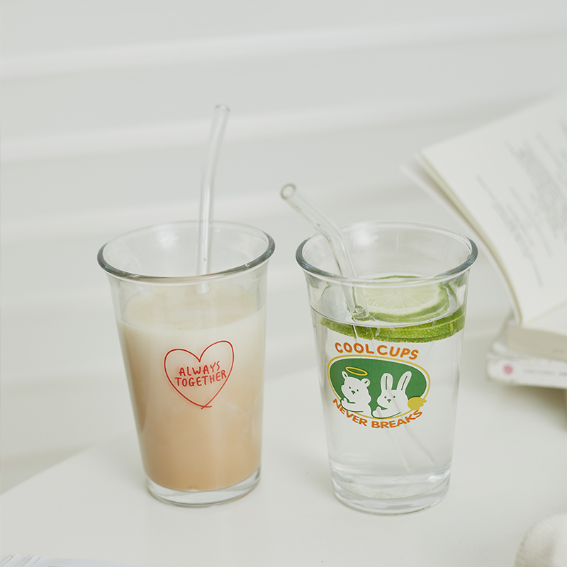高颜值ins风印花字母吸管杯咖啡奶茶冷饮料杯家用学生玻璃水杯子