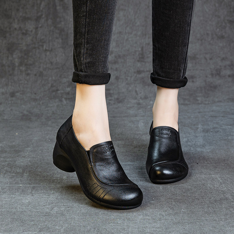 头层牛皮中跟女单鞋秋季新一脚蹬深口简约气质百搭圆头宽松妈妈鞋,淘宝优惠券,粉丝福利购,淘宝优惠卷