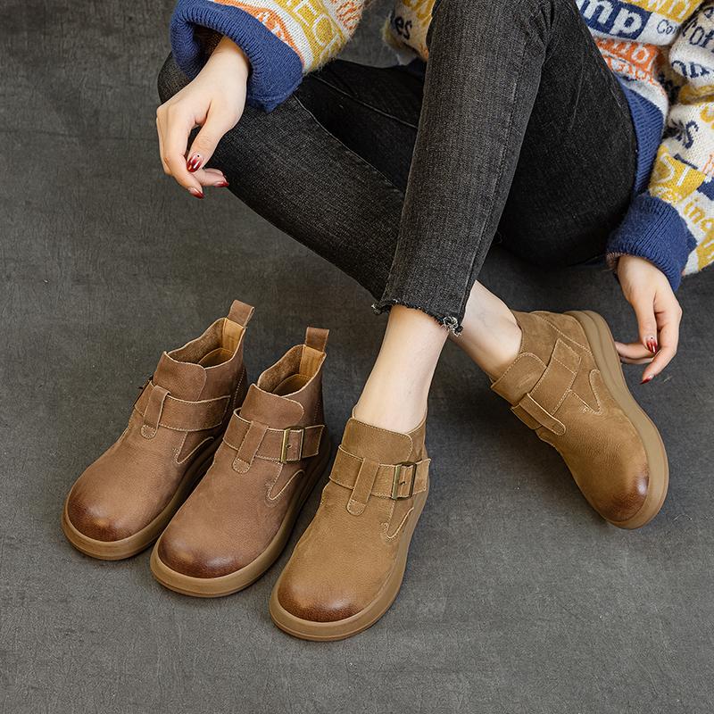 勃肯短靴头层牛皮休闲高帮新秋冬季加绒平跟厚底复古文艺短筒女鞋 - 图0