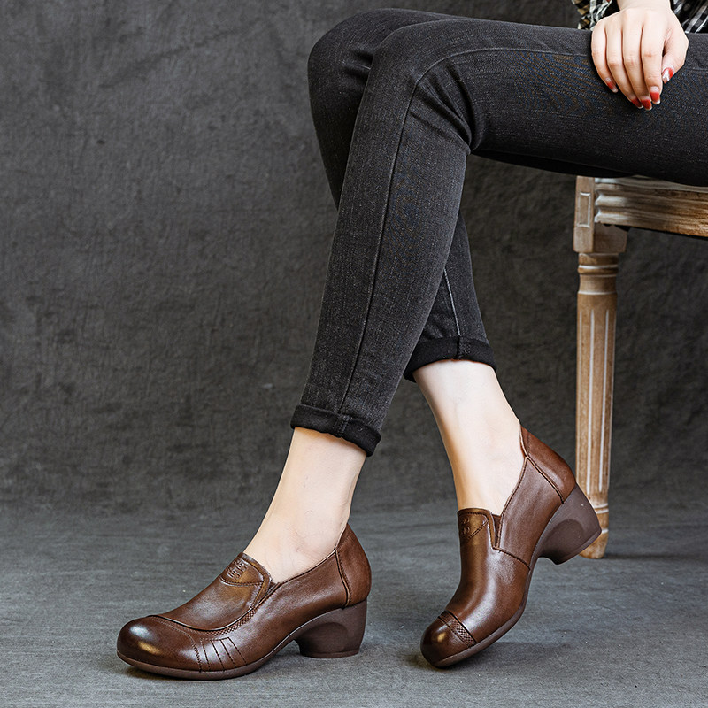 头层牛皮中跟女单鞋秋季新一脚蹬深口简约气质百搭圆头宽松妈妈鞋,淘宝优惠券,粉丝福利购,淘宝优惠卷